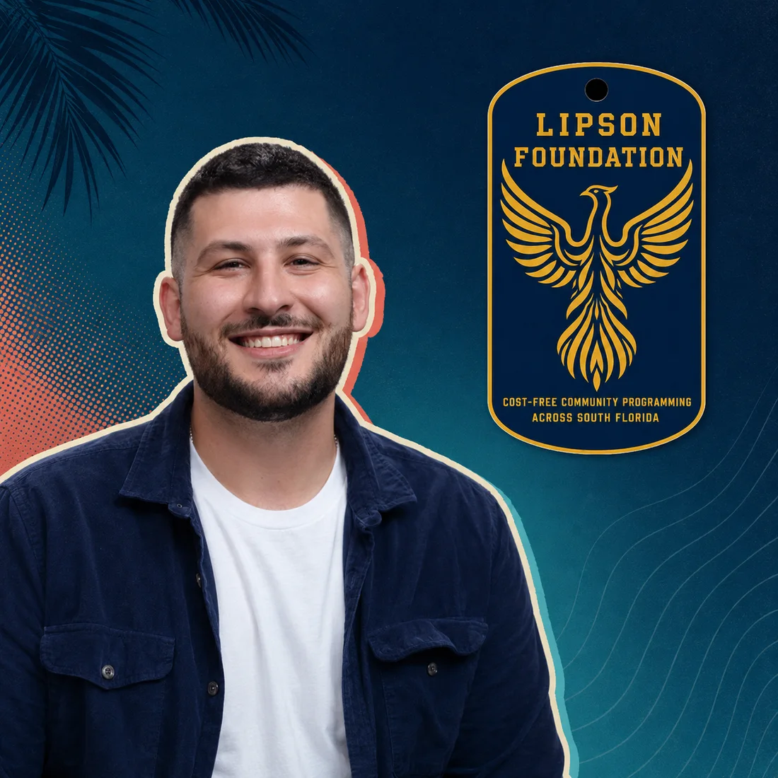 Zachary Lipson, Founder and President, beside the Lipson Foundation dog tag